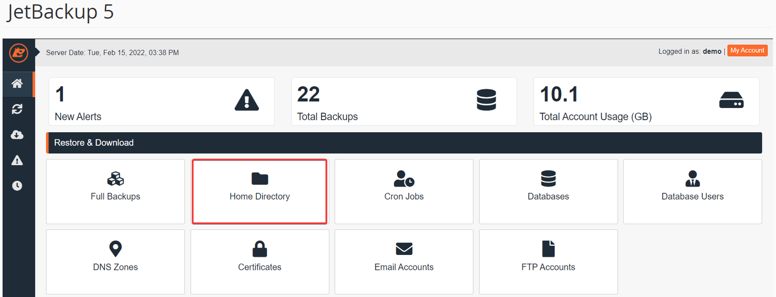 Sección Restore & Download de JetBackup 5 con el mosaico Home Directory resaltado