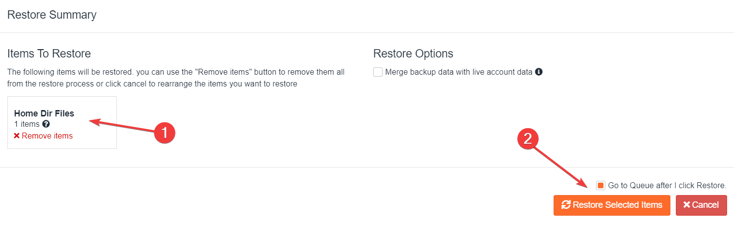 Pantalla Restore Summary de JetBackup que muestra Home Dir Files con 1 elemento en Items To Restore y el botón Restore Selected Items