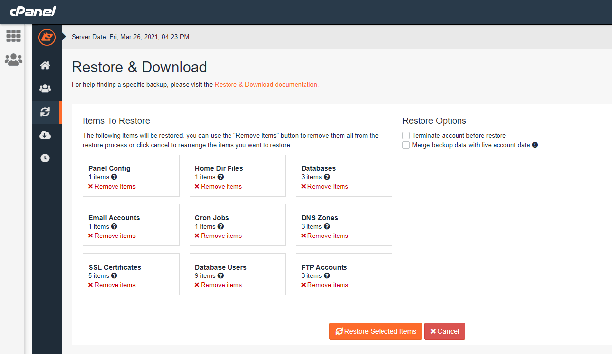 Resumen de Restore & Download de JetBackup con todos los elementos de una restauración completa: Panel Config, Home Dir Files, Databases, Email Accounts, Cron Jobs, DNS Zones, SSL Certificates, Database Users y FTP Accounts, cada uno con un enlace Remove items