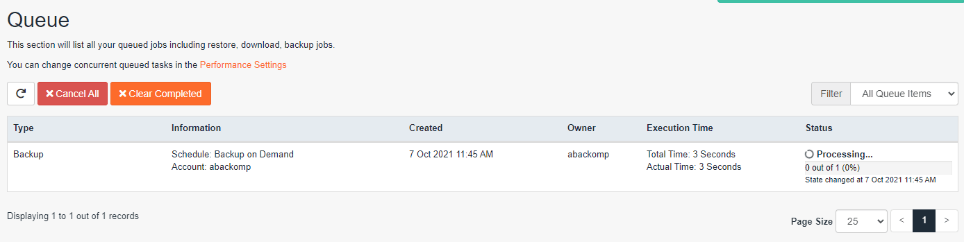 Página Queue de JetBackup con una tarea Backup con Schedule: Backup on Demand y estado Processing