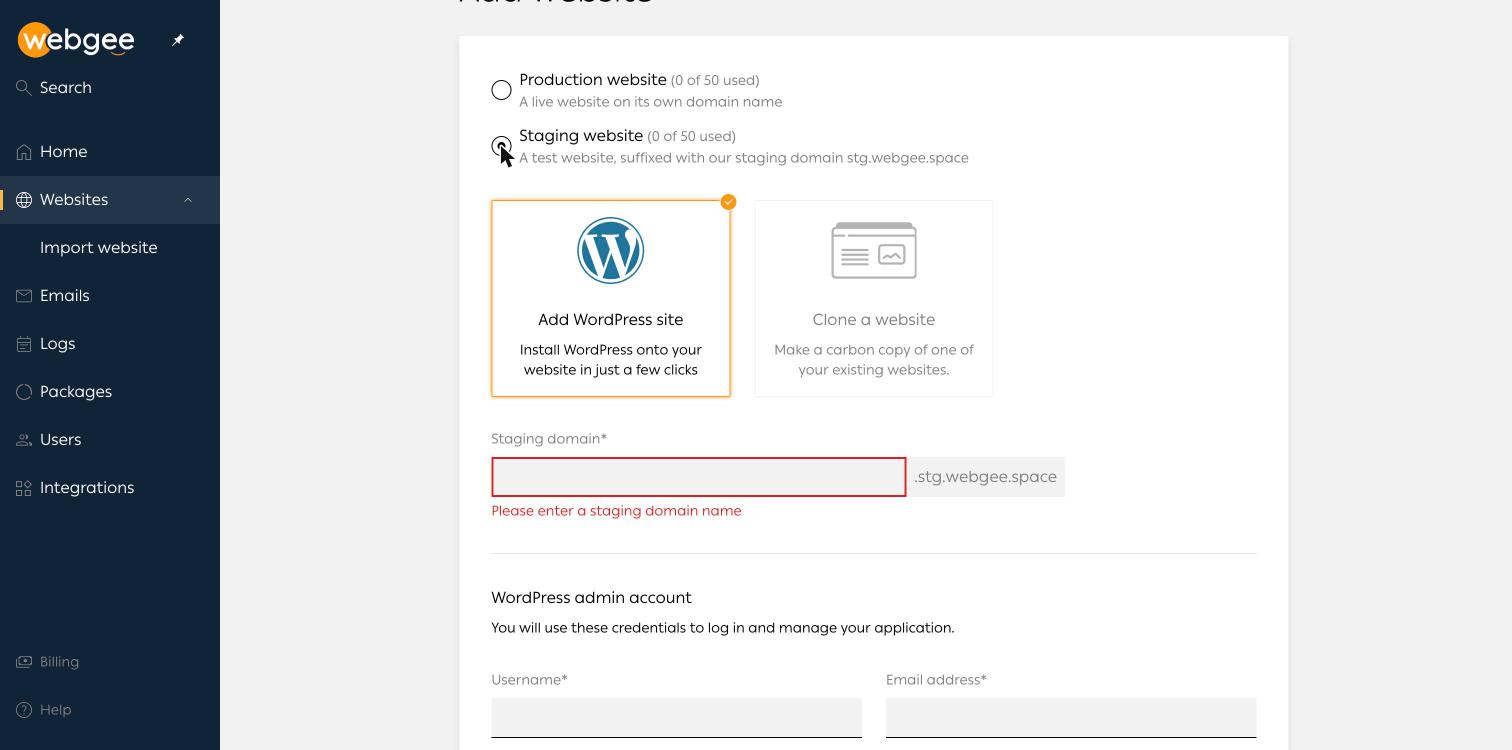 The WordPress Cloud Add website form with Staging website selected, the Add WordPress site and Clone a website tiles, and a Staging domain field ending in .stg.webgee.space