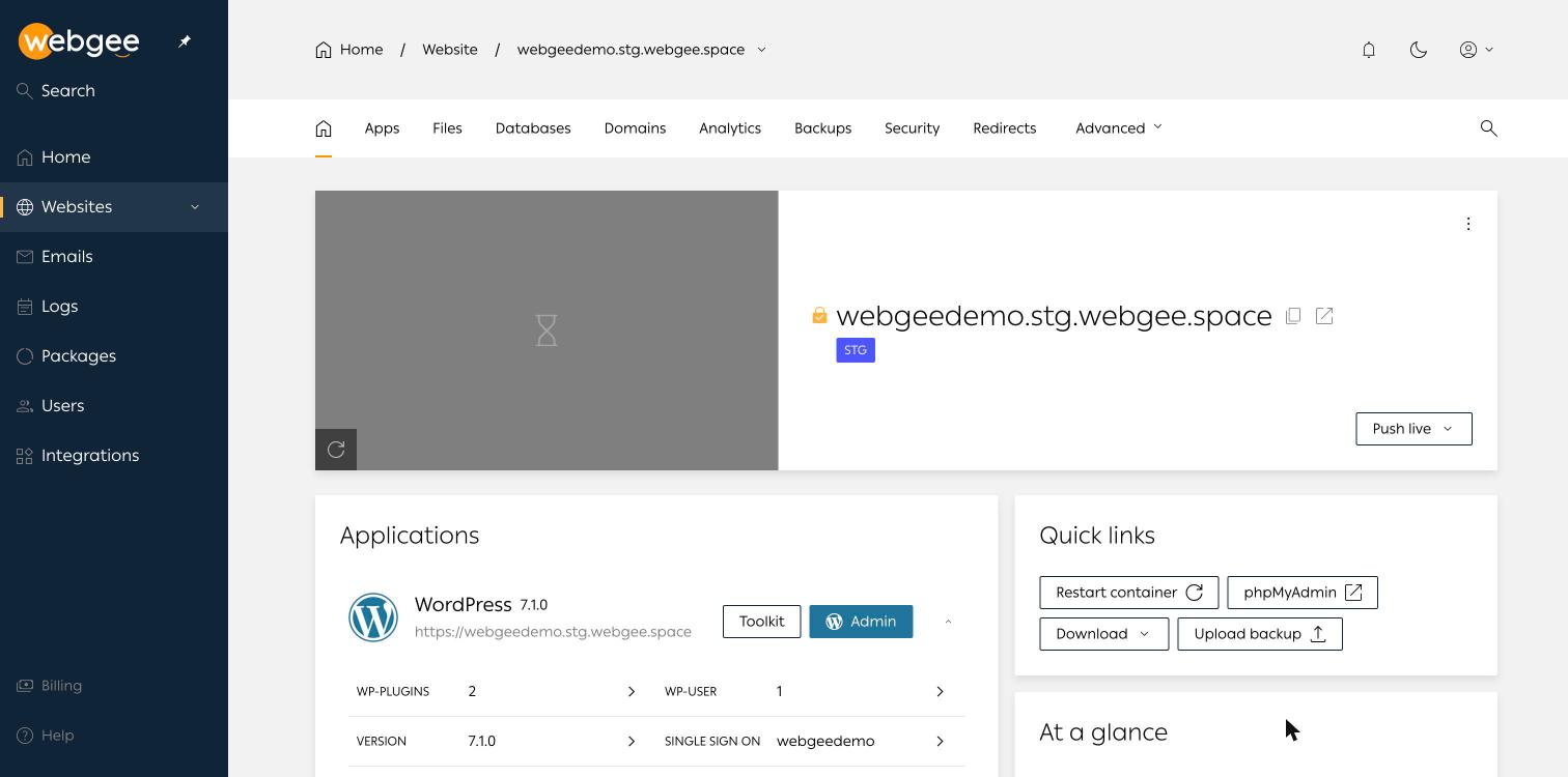 Overview page of a staging site at webgeedemo.stg.webgee.space, with the STG badge, a Push live button, the WordPress application with Toolkit and Admin buttons, and quick links