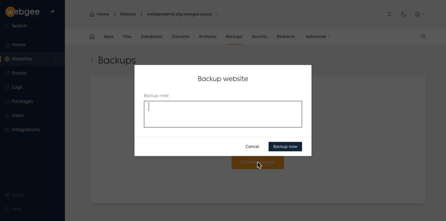 The Backup website dialog in WordPress Cloud with an empty Backup note field and a Backup now button