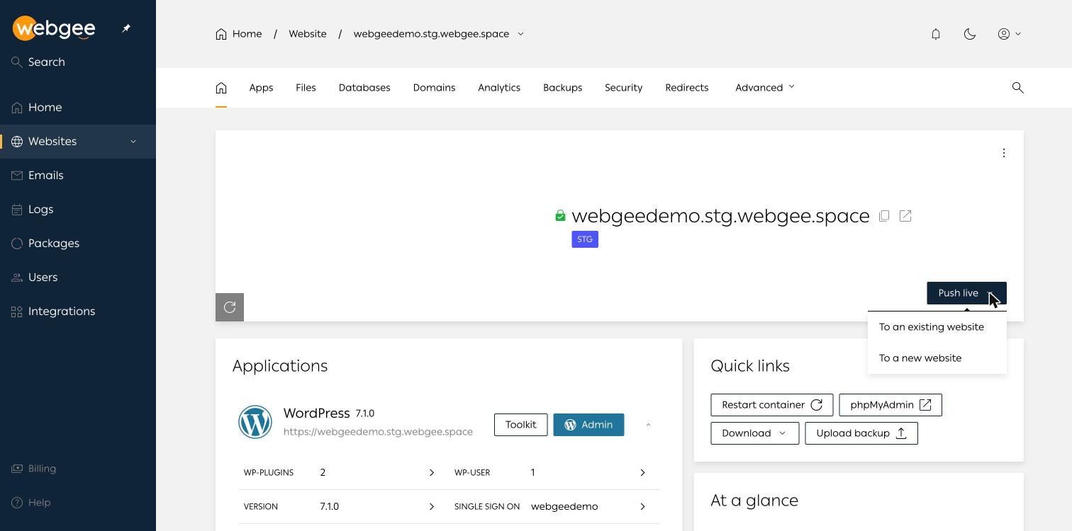 The Push live menu open on a staging site, showing the options To an existing website and To a new website