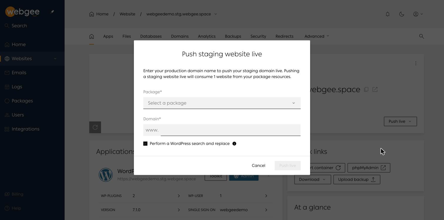 The Push staging website live dialog with Package and Domain fields, a ticked Perform a WordPress search and replace checkbox, and Cancel and Push live buttons