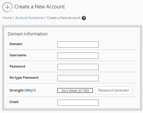 The Domain Information section of WHM's Create a New Account form with fields for Domain, Username, Password, Re-type Password, a password strength meter with Password Generator button, and Email