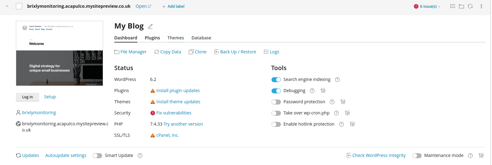 A WordPress site in WP Toolkit showing the Dashboard tab with File Manager, Copy Data, Clone, Back Up / Restore and Logs links, plus status and tools panels