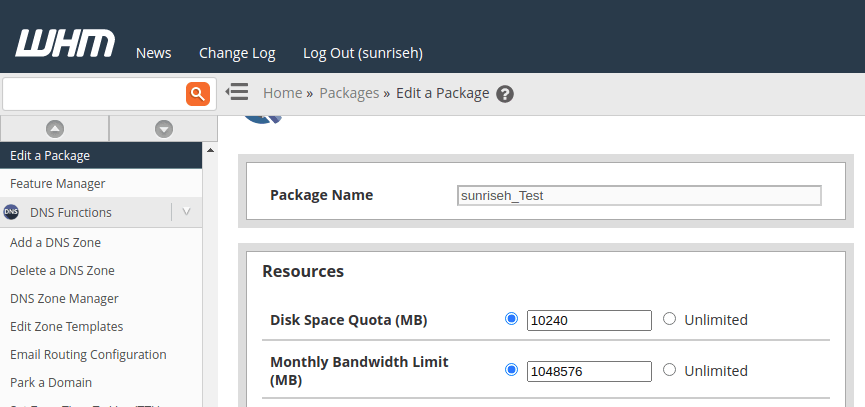 The WHM Edit a Package screen showing a package name and the Resources section with Disk Space Quota set to 10240 MB and a Monthly Bandwidth Limit, with the Unlimited options unselected