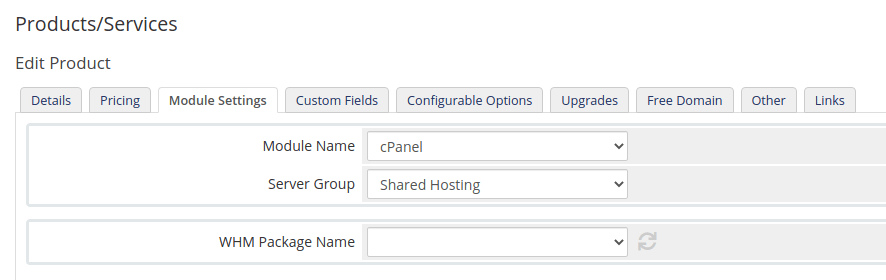 The WHMCS Module Settings tab with the cPanel module selected but the WHM Package Name dropdown empty