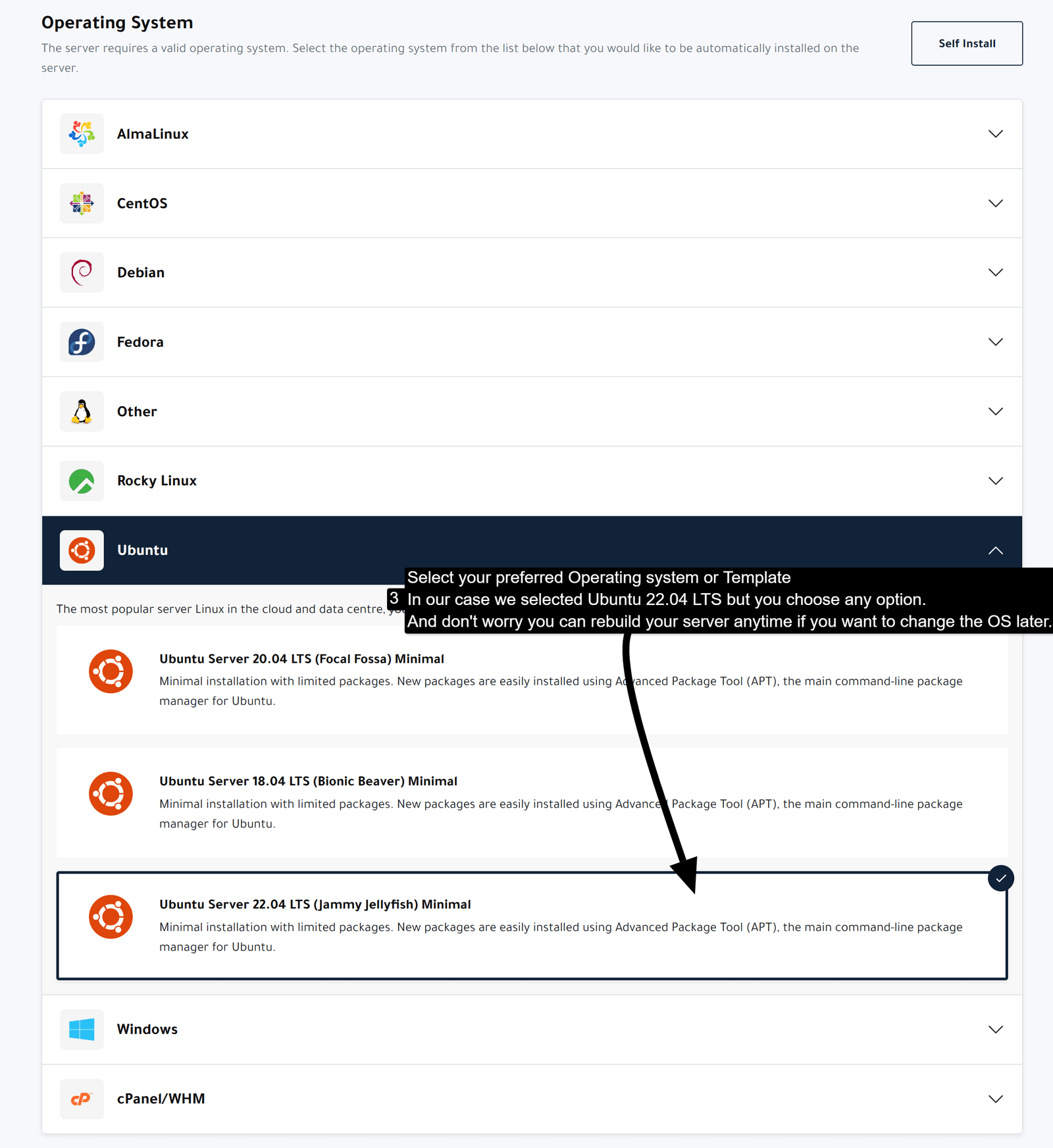 La lista de sistemas operativos de la Cloud Console con las familias AlmaLinux, CentOS, Debian, Fedora, Rocky Linux y Ubuntu, con una plantilla Ubuntu Server LTS Minimal seleccionada