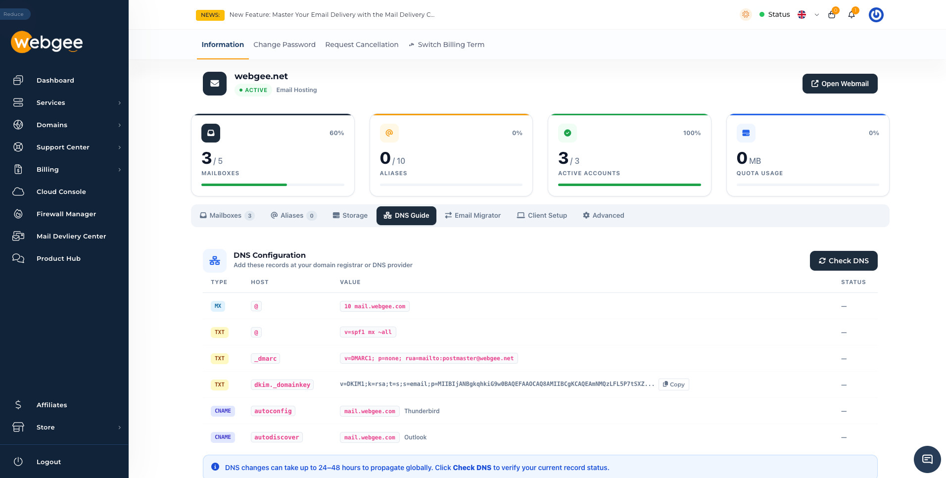 The DNS Guide tab listing MX, SPF, DMARC, DKIM, autoconfig and autodiscover records with a Check DNS button and a status column