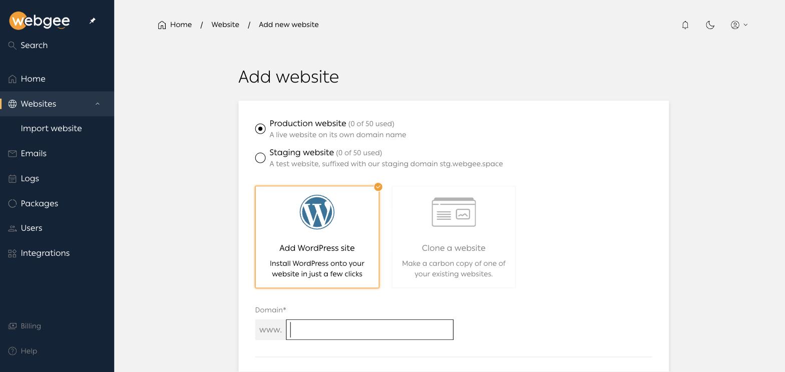 Le formulaire Add website de WordPress Cloud, avec les options production et préproduction et les vignettes Add WordPress site et Clone a website