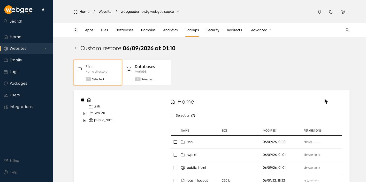 L'écran de restauration Custom de WordPress Cloud avec les onglets Files et Databases et une arborescence affichant public_html, avec tailles, dates de modification et permissions
