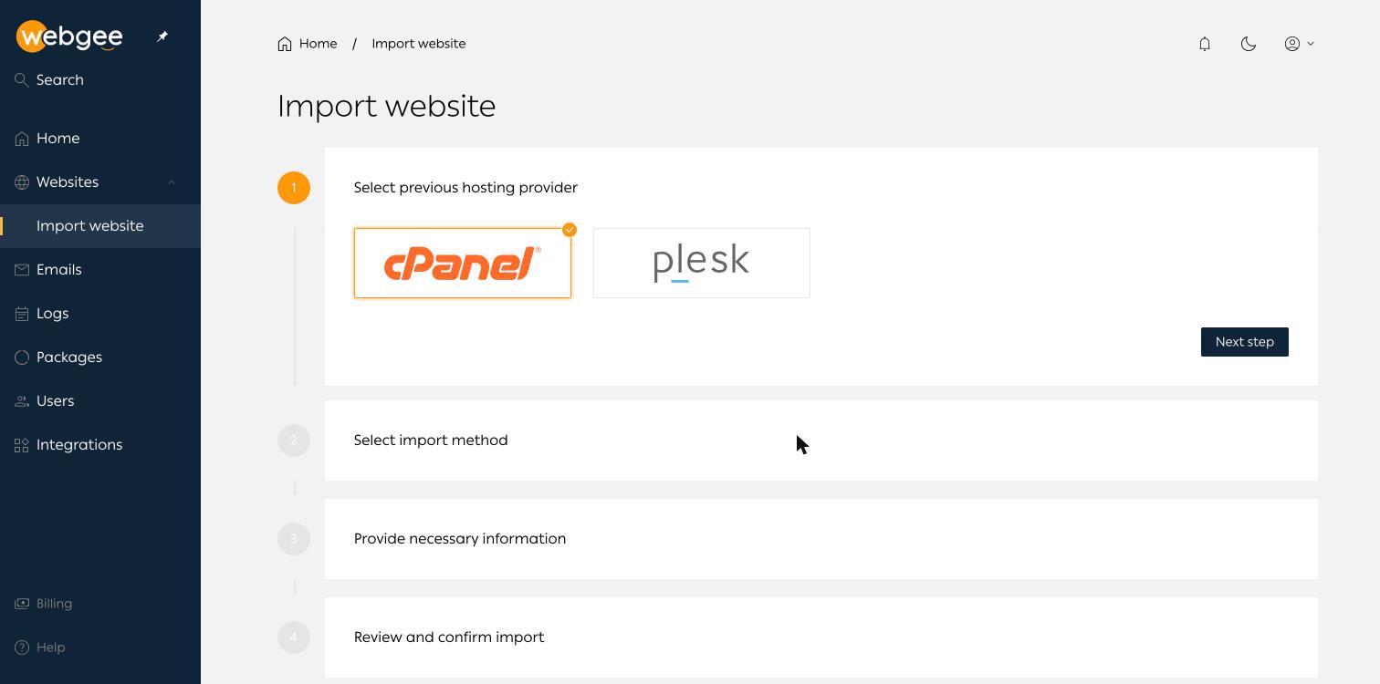 Première étape de l'assistant Import website de WordPress Cloud, avec cPanel sélectionné, Plesk comme autre option et les trois étapes suivantes listées en dessous
